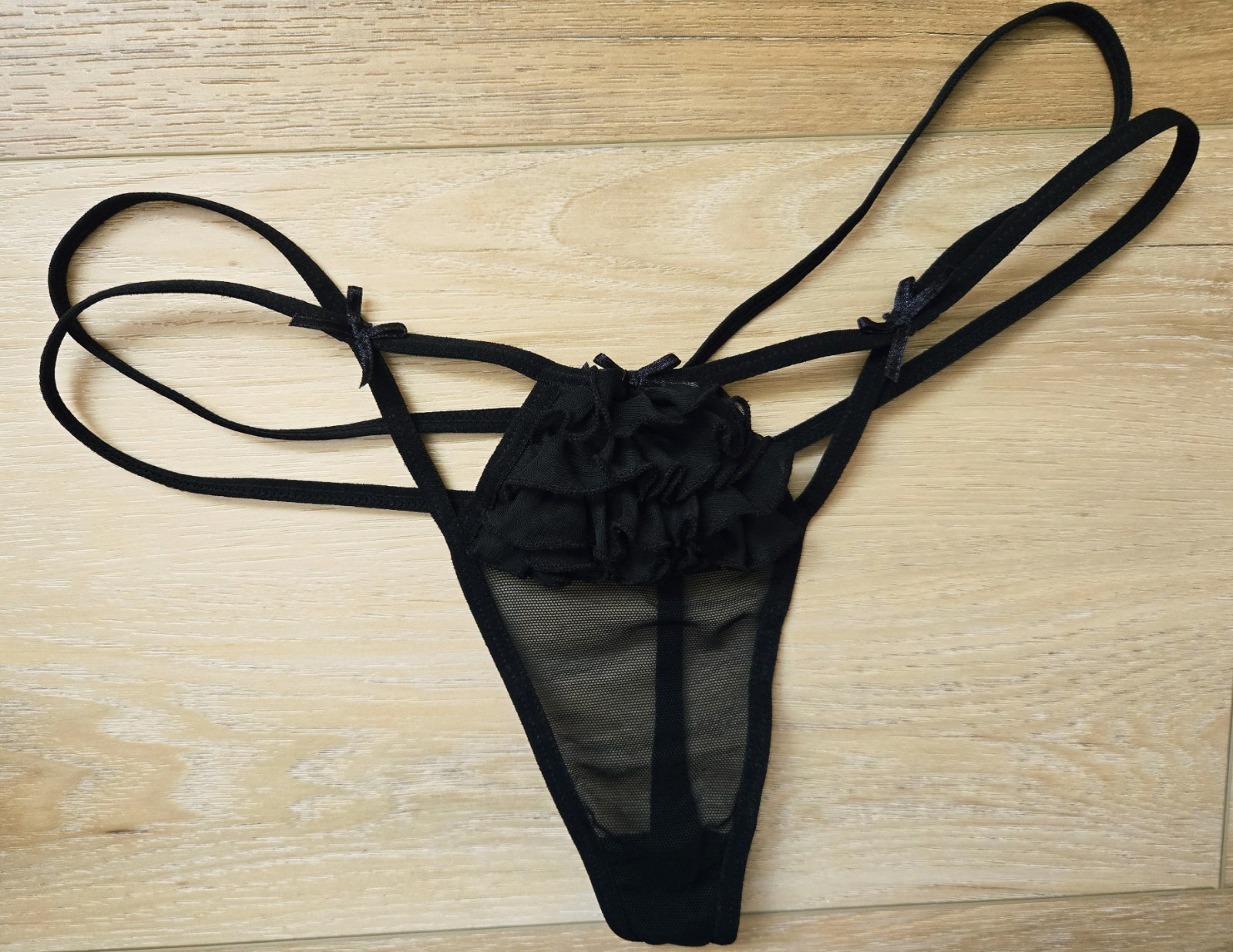 Black Sheer Ruffled Mesh Double Strap String/Thong Panties Bows M *READ*
