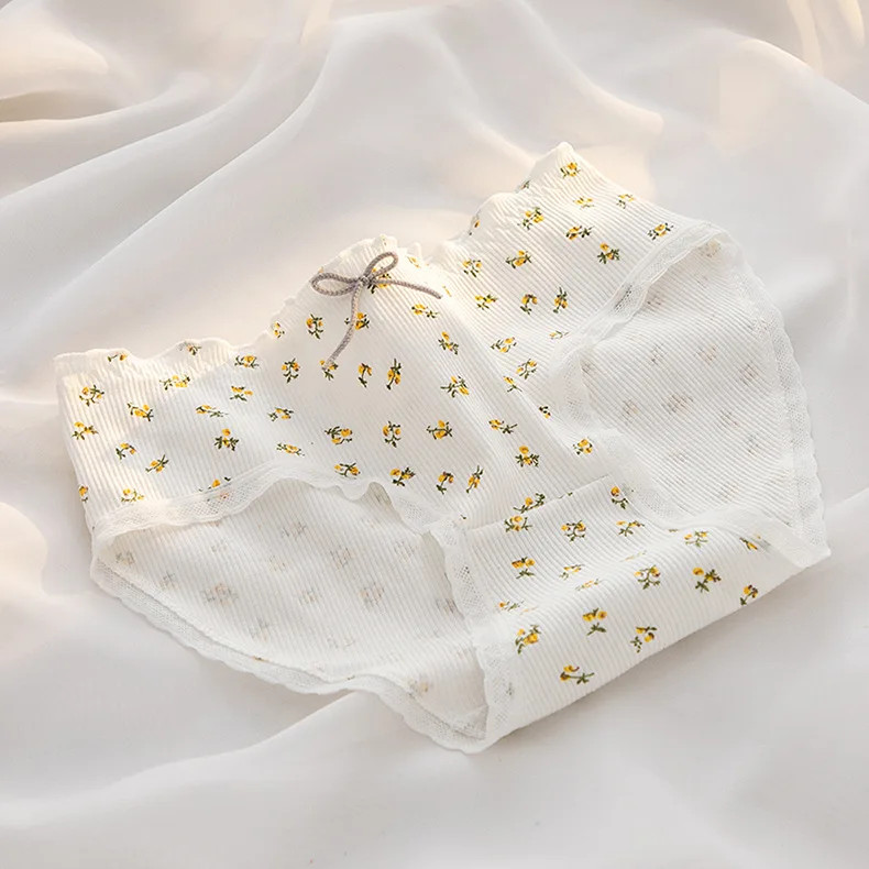 1pc Women Cotton Underwear Mid Waist Seamless Briefs Lace Panties Flower Print