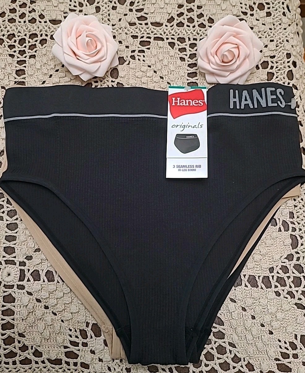 3 Pair HANES LOGO Seamless Rib Hi-Leg Bikini Panties Small NWT