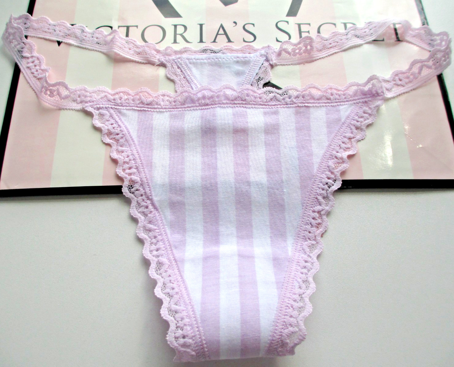 VICTORIA’S SECRET Cotton V-String Thong Panty VS Lace Trim S M XL Purple Stripe
