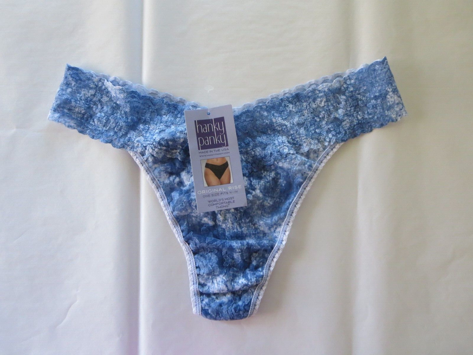 HANKY PANKY DENIM SPLASH ORIGINAL RISE THONG #4A1181 BLUE WHITE, O/S, NWT $25
