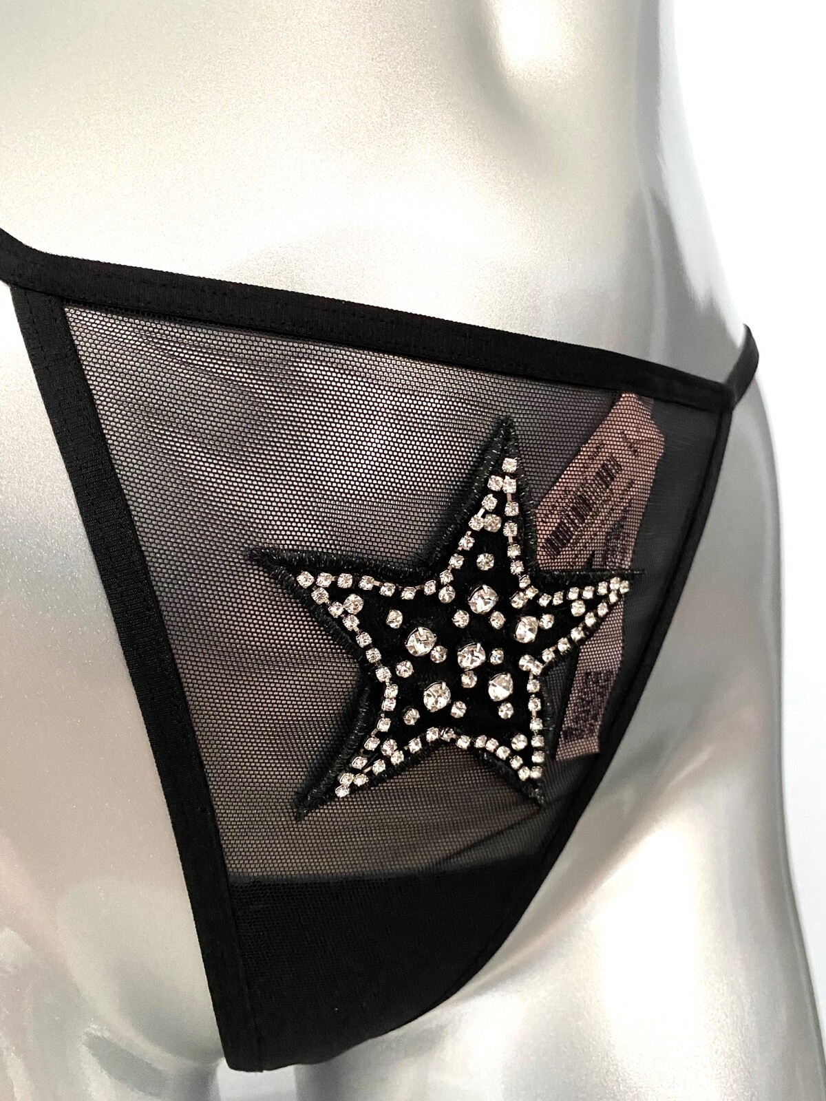 Victoria’s Secret V String Panty Black Sheer Mesh Bling Crystal Star S M L XL