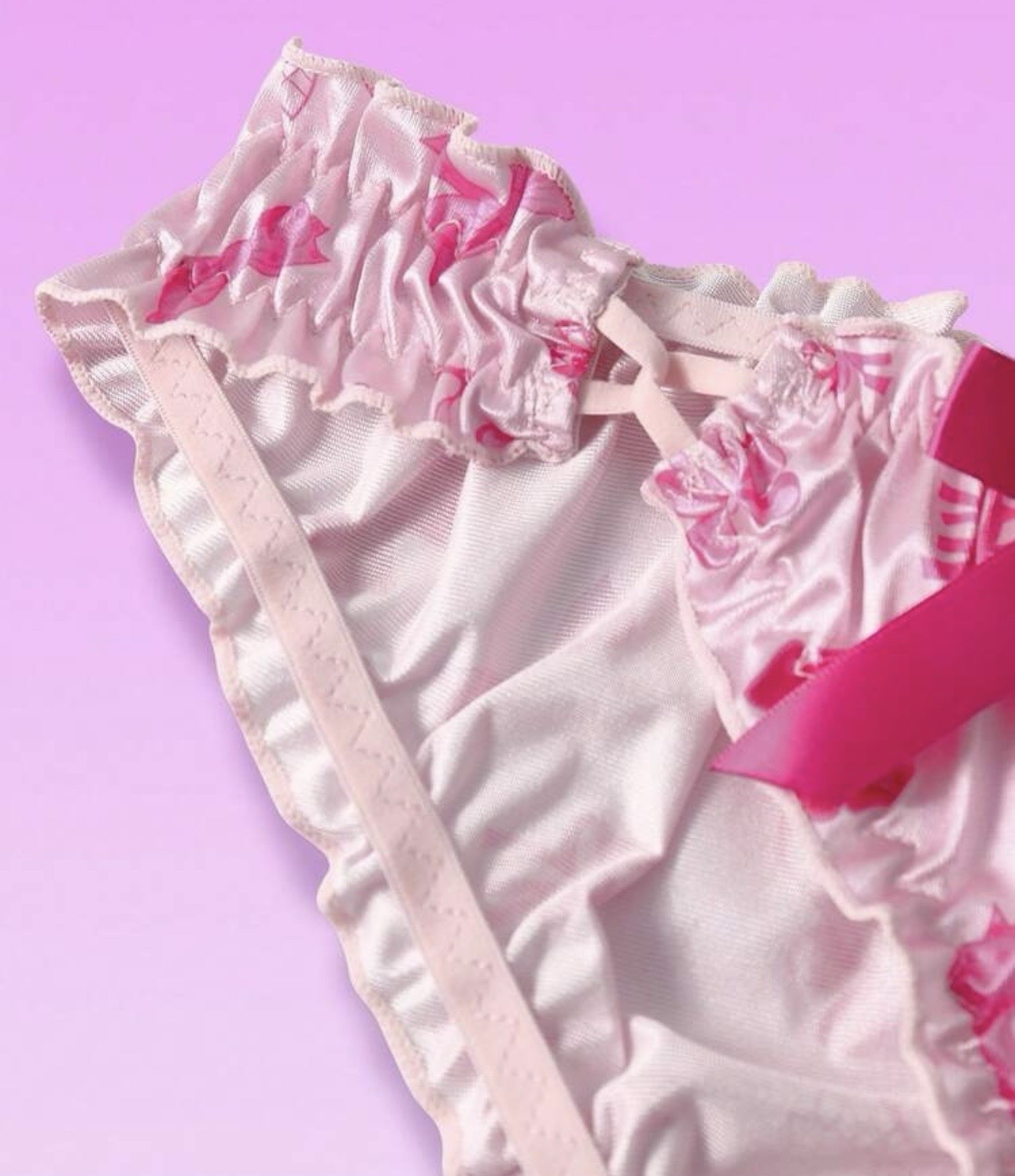 Glossy Pink Bow Print Satin Crinkle Edge Babydoll Sissy Bikini Panties XL NEW