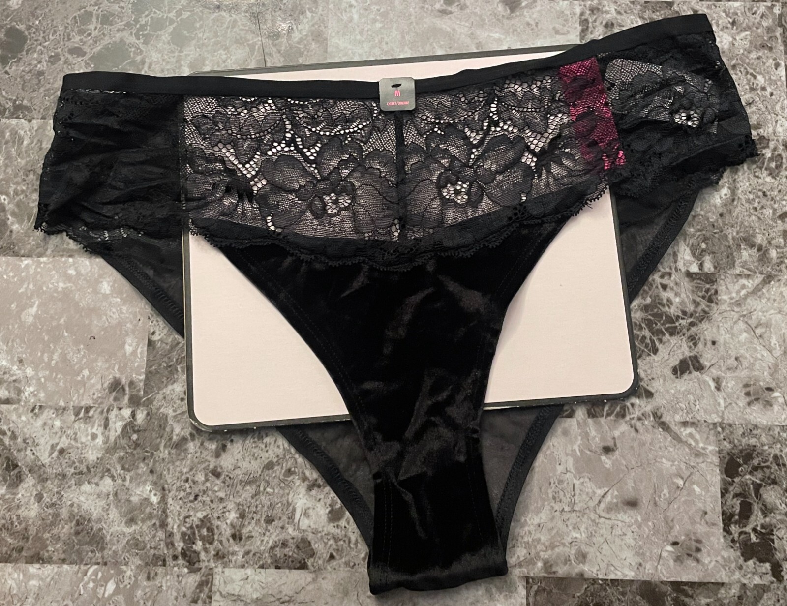 NWT LA SENZA MEDIUM BLACK VELVET FLORAL LACE MESH STRAPPY BACK CHEEKY PANTIES