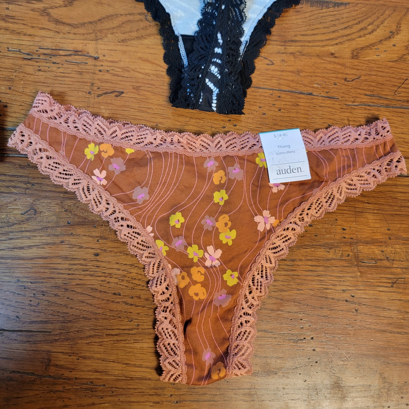 (4) Auden Womens Small (4-6) Cotton Thong Underwear Target S Lace Black Brown