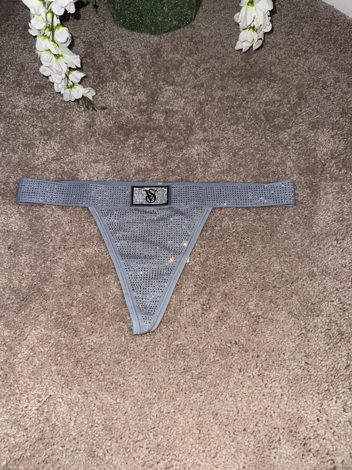 Victoria’s Secret V-String Thong Panty Gray Rhinestone Bling Logo Size Small NWT