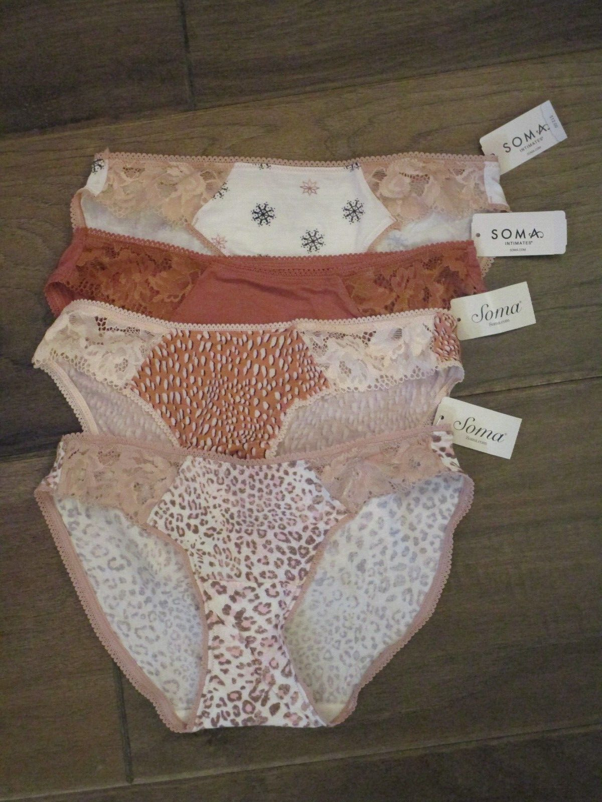 4-PACK SOMA EMBRACEABLE LACE BIKINI PANTIES ROSE BLUSH PRINTS/ANIMAL SIZE SMALL