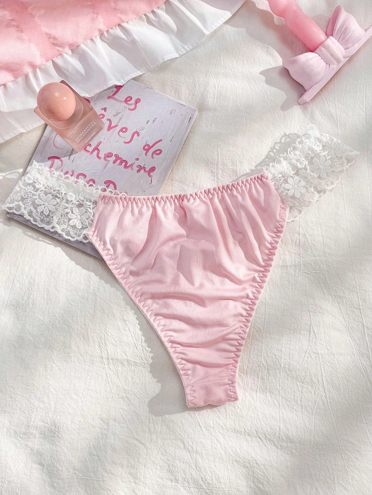 Pink Ruched Embroidered Bow Brief, Bohemian Romantic Cute For Cheap24