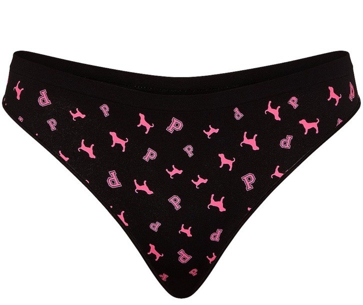 Victoria’s Secret PINK Seamless Thong Panty Black Pink Logo Dog Print Large