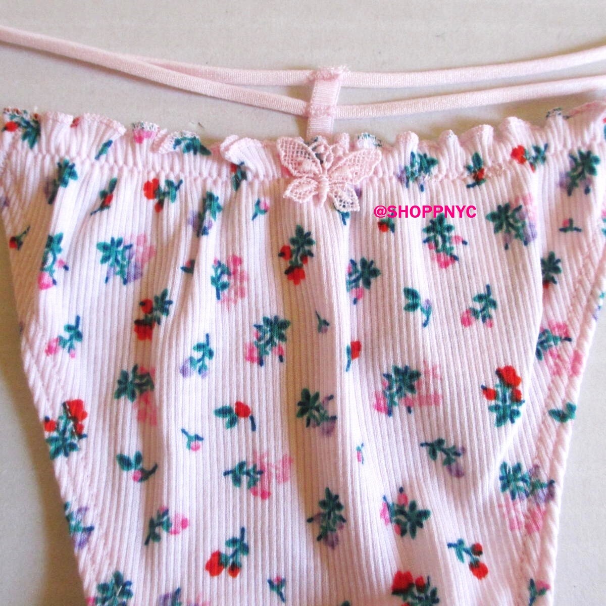 Victoria Secret PINK Cotton Side Tie V-String Thong Ribbed Butterfly Pink Floral