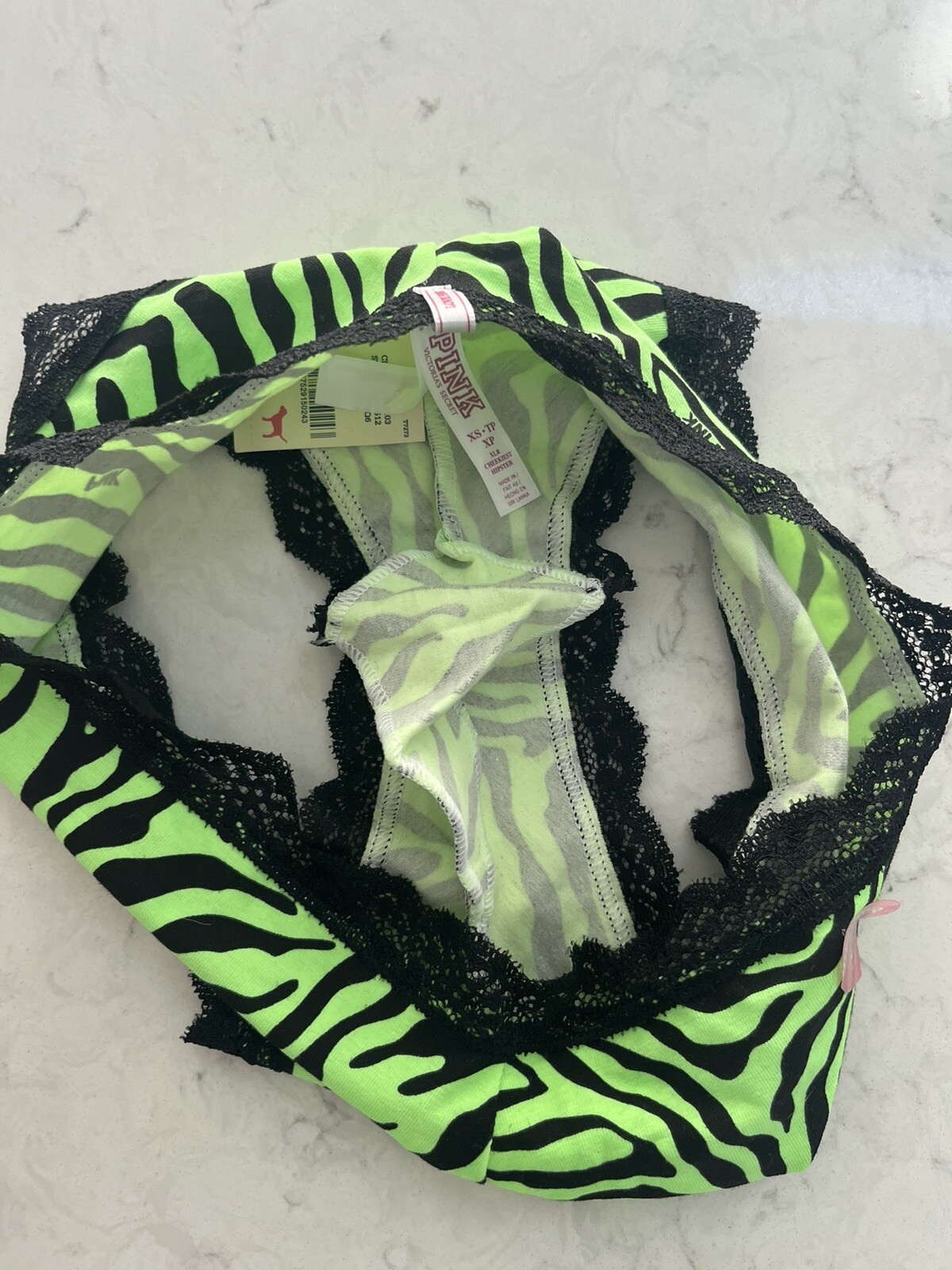 VTG VS Pink Hipster Panty Zebra Print Neon Green/ Black W/ Lace NWT