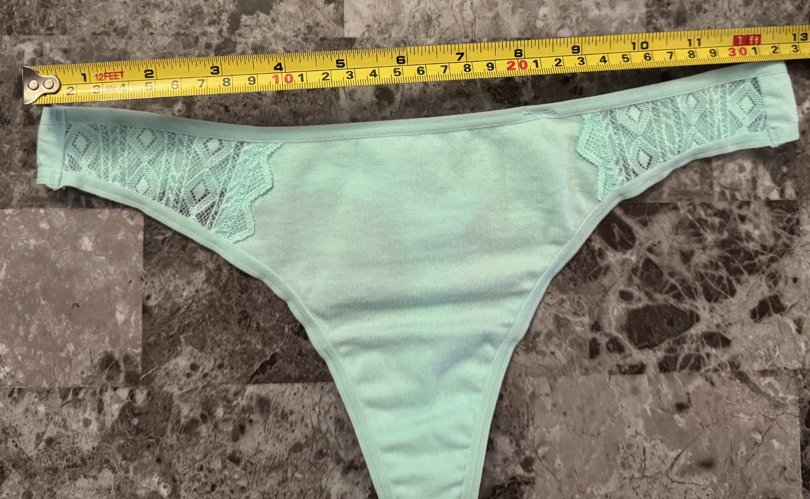 NWT VICTORIA’S SECRET PINK LARGE AQUA GEO LACE RARE THONG PANTIES *RUNS SMALL*