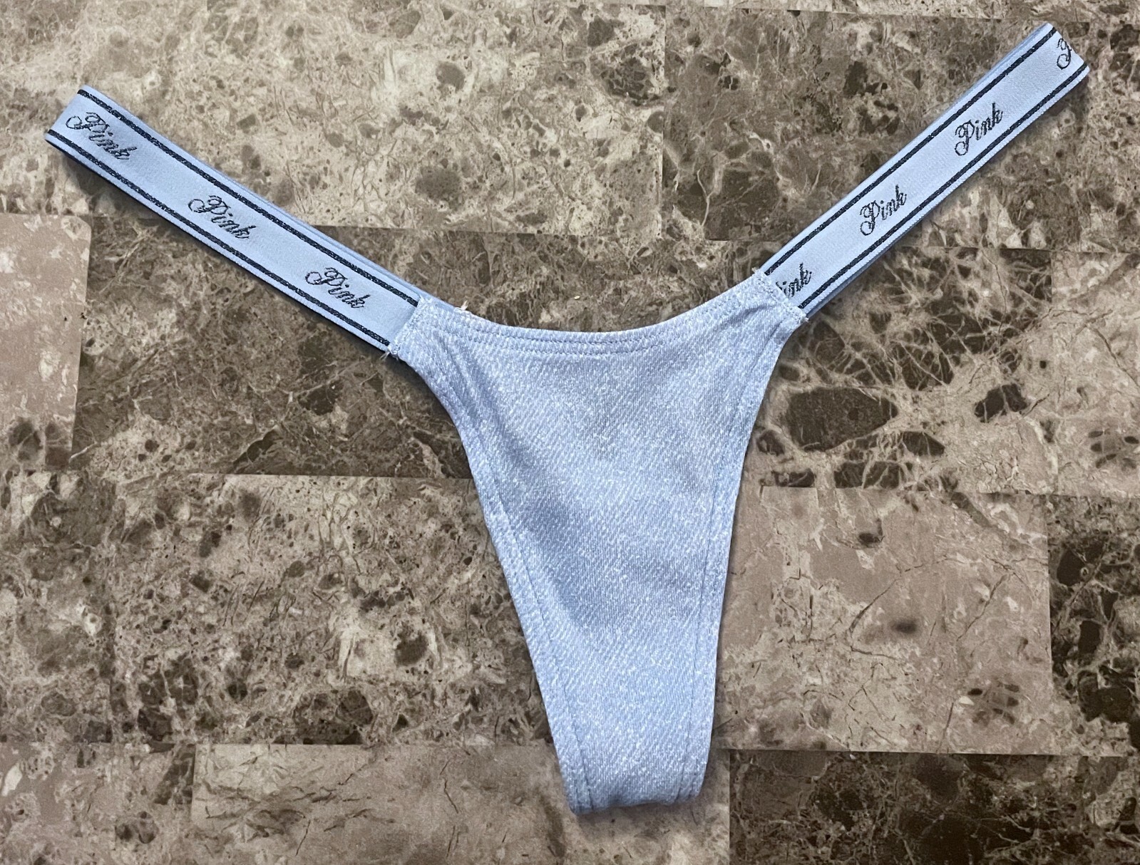 NWT VICTORIA’S SECRET PINK BLUE DENIM LOOK TINY LOGO SIDE STRAP THONG PANTIES