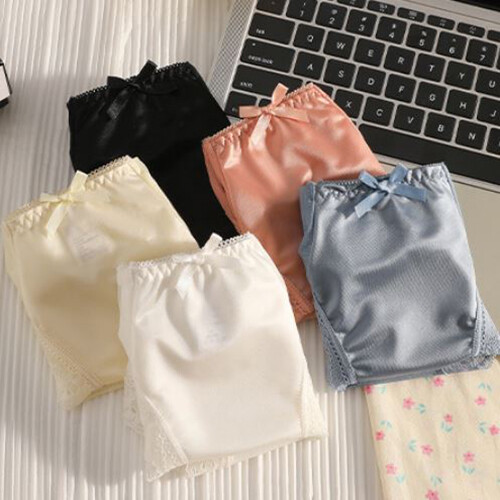 5 Pcs Lot Womens Sexy Bow Satin Panties Full Briefs Lace Mesh Underwear Intimate