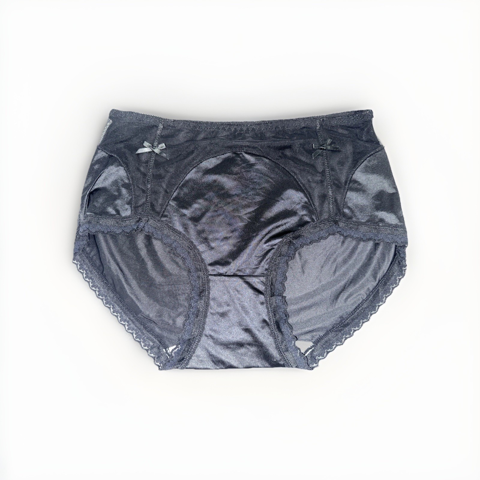 ~Large Shinny Black Nylon Blended Panties Women’s Cotton Gusset Lace Edging