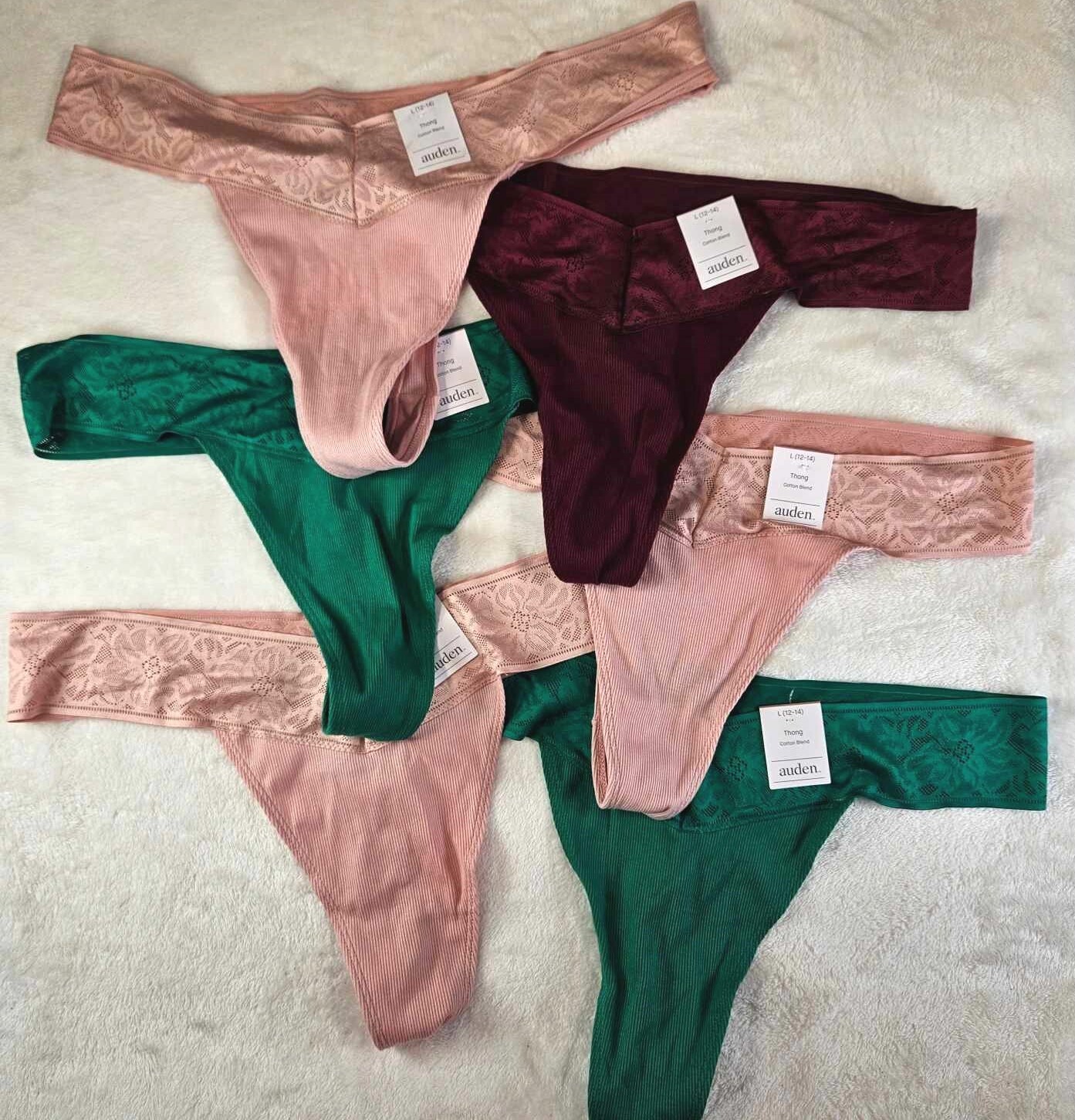 Auden 6pk Cotton Thong Underwear with Lace Waistband Womens Large Stretch