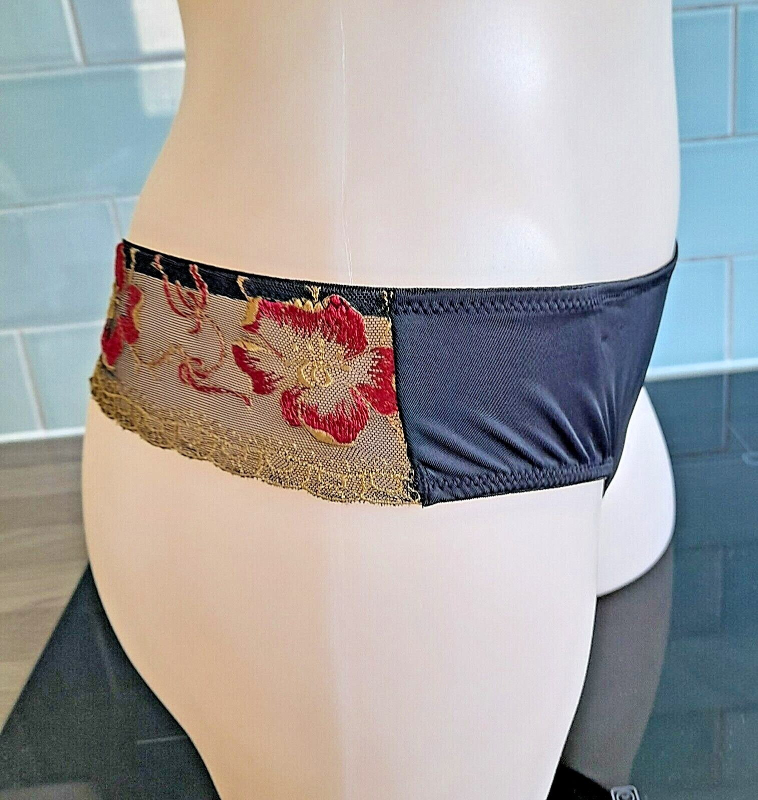 Panache Black Porcelain Oasis Thongs With Red/Gold Embroidery