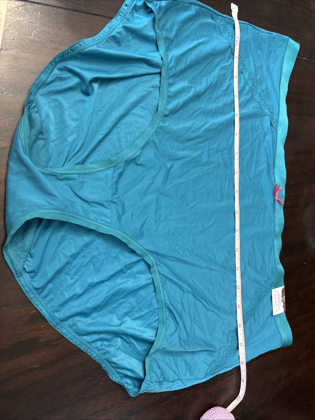 Cacique Extra Soft High Waist Brief 30-32 Teal With Lace Detail And Pink Bow NWT