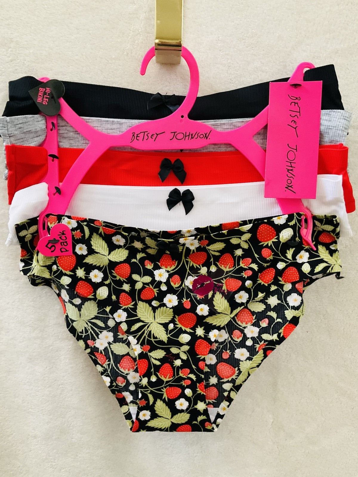 NWT BETSEY JOHNSON 5pc High Leg Bikini Nylon Spandex Panty Strawberry Set Small