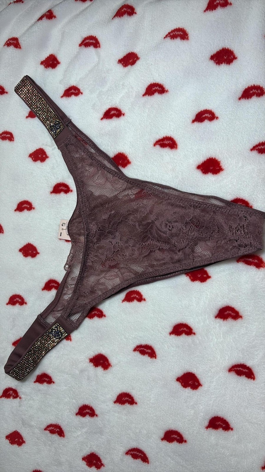 Victoria’s Secret Shine Strap Lace Crotchless Brazilian Panty Purple Vapor M