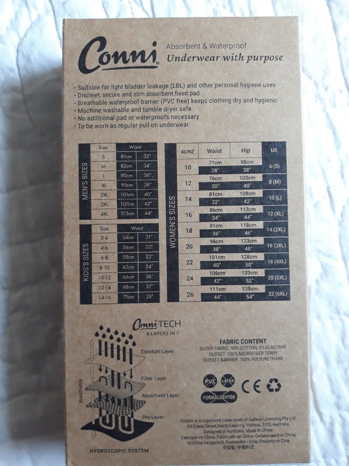 Conni Underwear With Purpose Waterproof Black Women’s Sz16 Waist 38″ NEW #7
