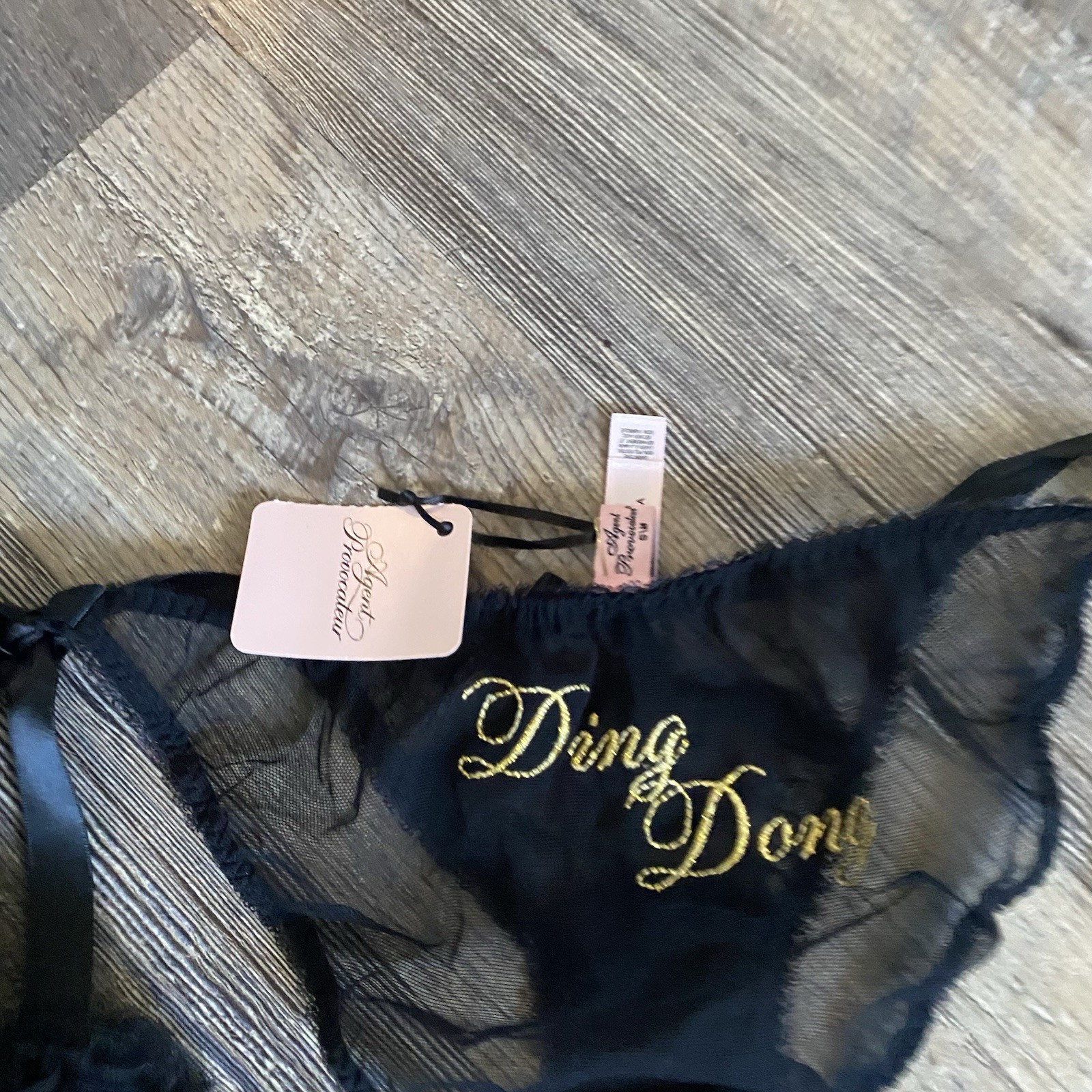 Agent Provocateur Black Noir Ding Dong Embroidered Pom Pom Underwear NWT S/M