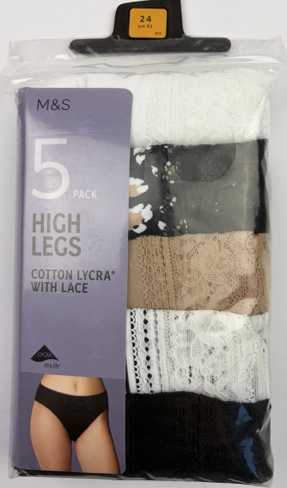 UK 24 Marks & Spencer 5 Pack Cotton with Lace High Legs White Nude Black BNWT