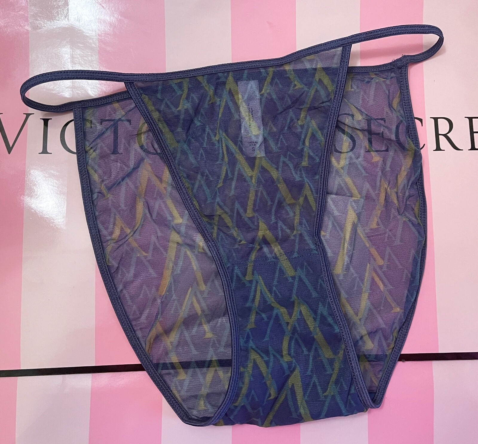 VICTORIA’S SECRET S L BLUE MESH RARE VINTAGE HIGH LEG STRING BIKINI PANTIES 2001