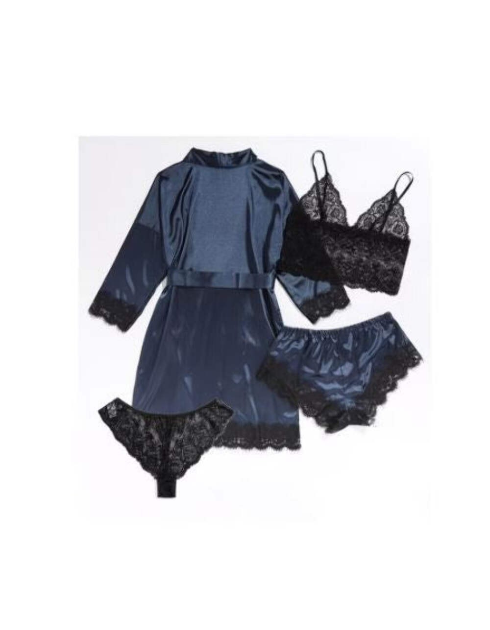Silky feel navy blue satin black lace trim 4 piece lingerie set size 10 (M)