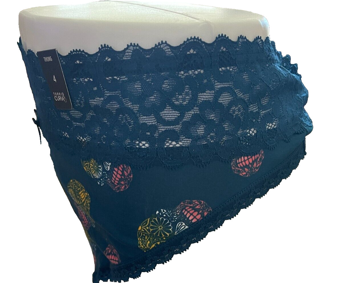 Torrid Plus 5 Teal Blue Calaveras Skull Print Wide Lace Waistband Thong Panties