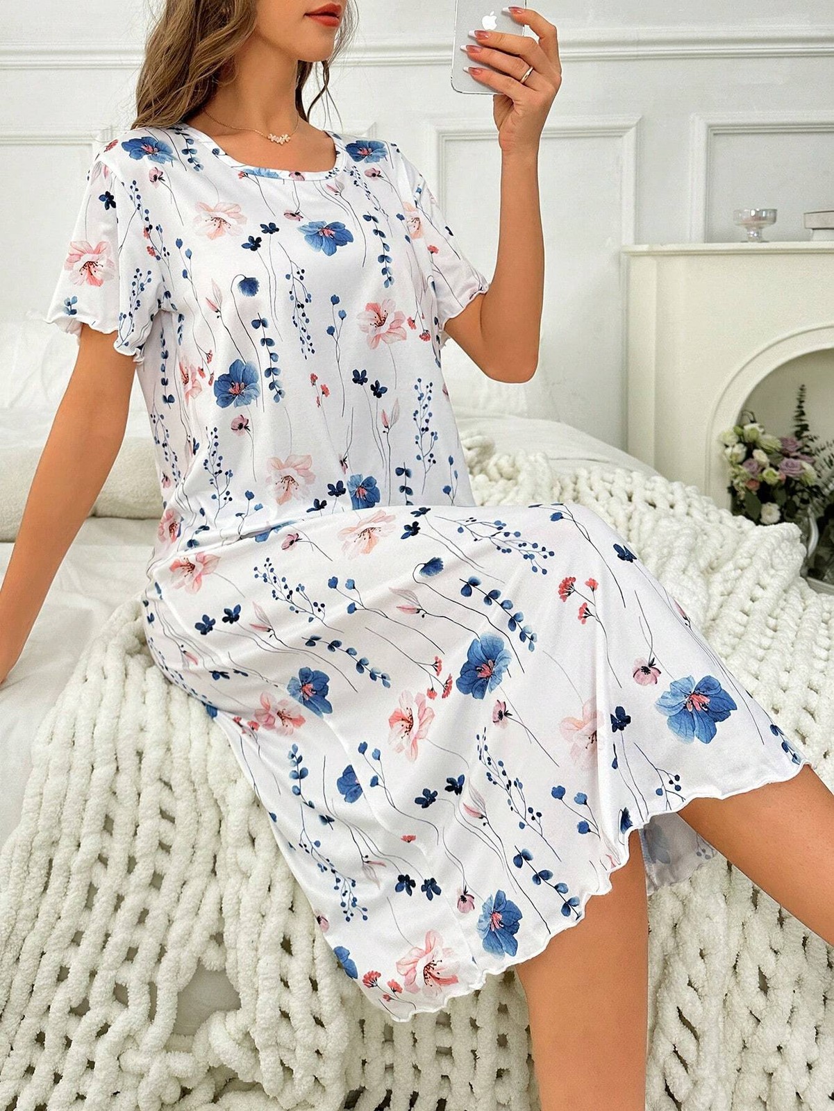 Floral Print Short Sleeve T Shirt Sleep Dress Ideal For Relaxed Cheap24