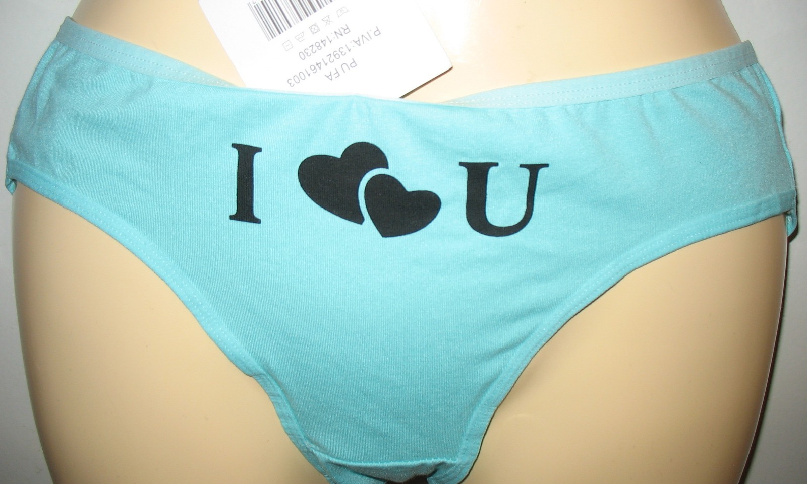 PANMANNI – NEW – SIZE XL – AQUA – COTTON STRETCH PANTY ” I LOVE U ” ON FRONT