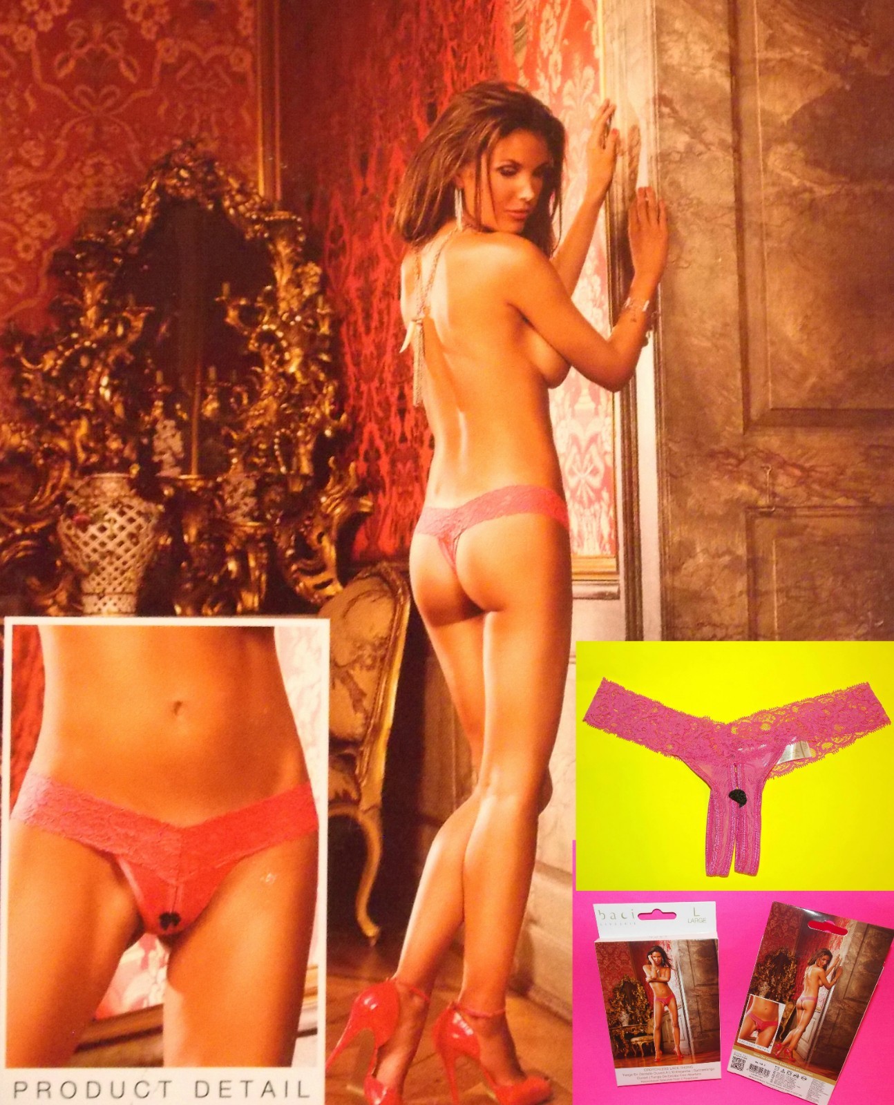 NWT Baci Lingerie CROTCHLESS LACE THONG, S,M,L, Pink