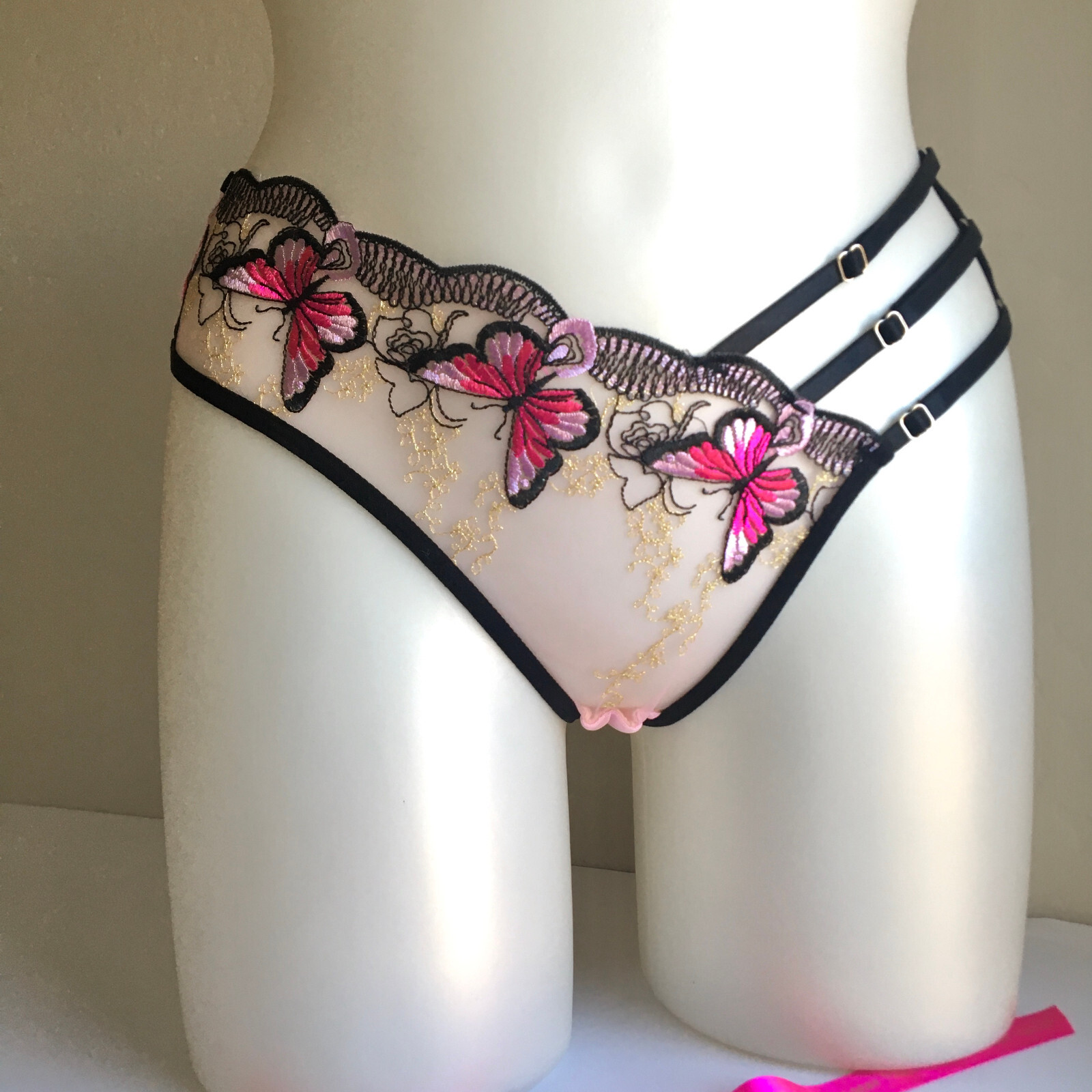 SEXY THONG Strappy Cut Out Butterfly Mesh Panties Panty Lace PINK BLACK NWT S