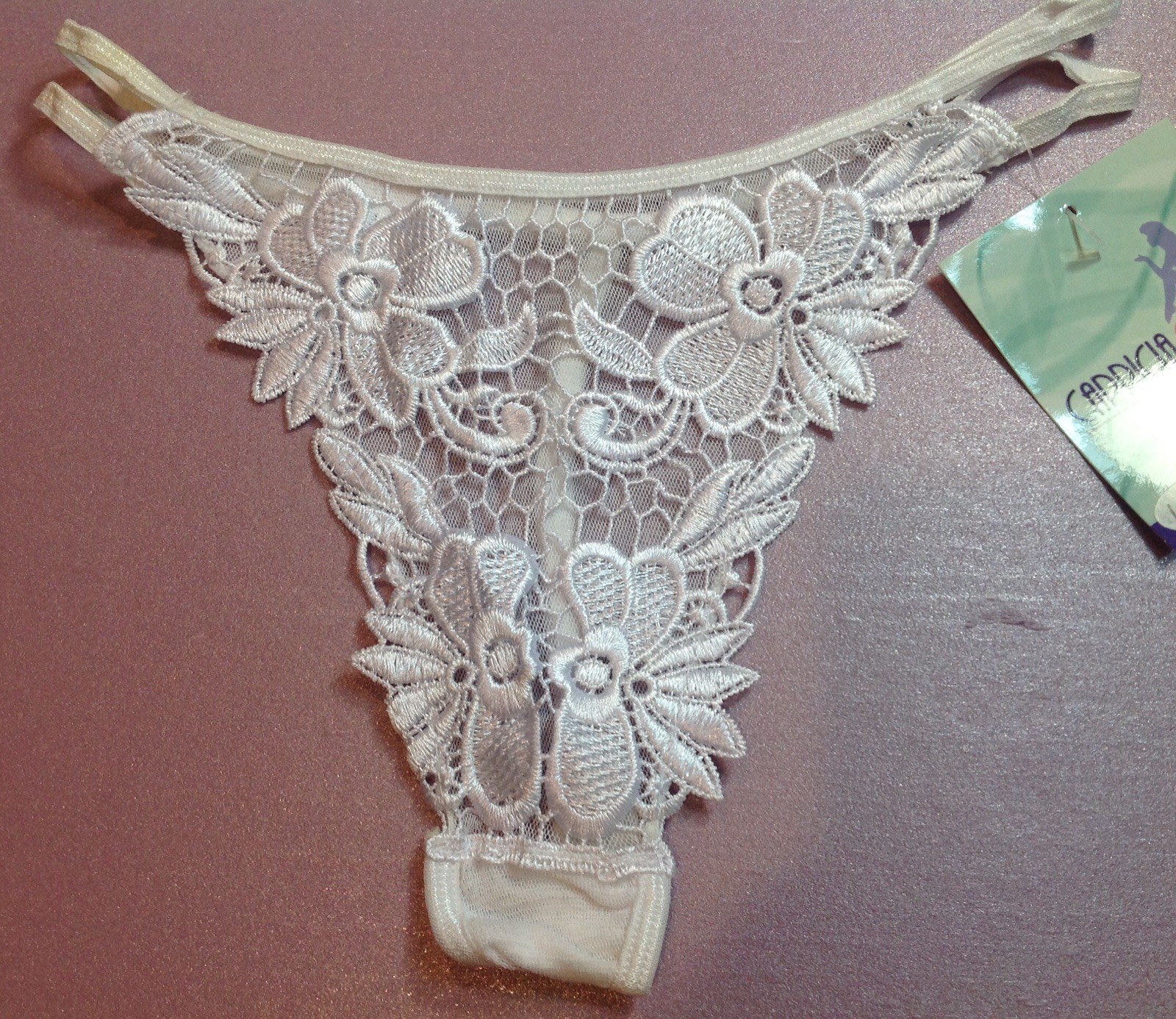 Women Panties,Thongs CAPRICIA O’DARE Size M/6 WhiteFloralFishnet DoubleWaistband