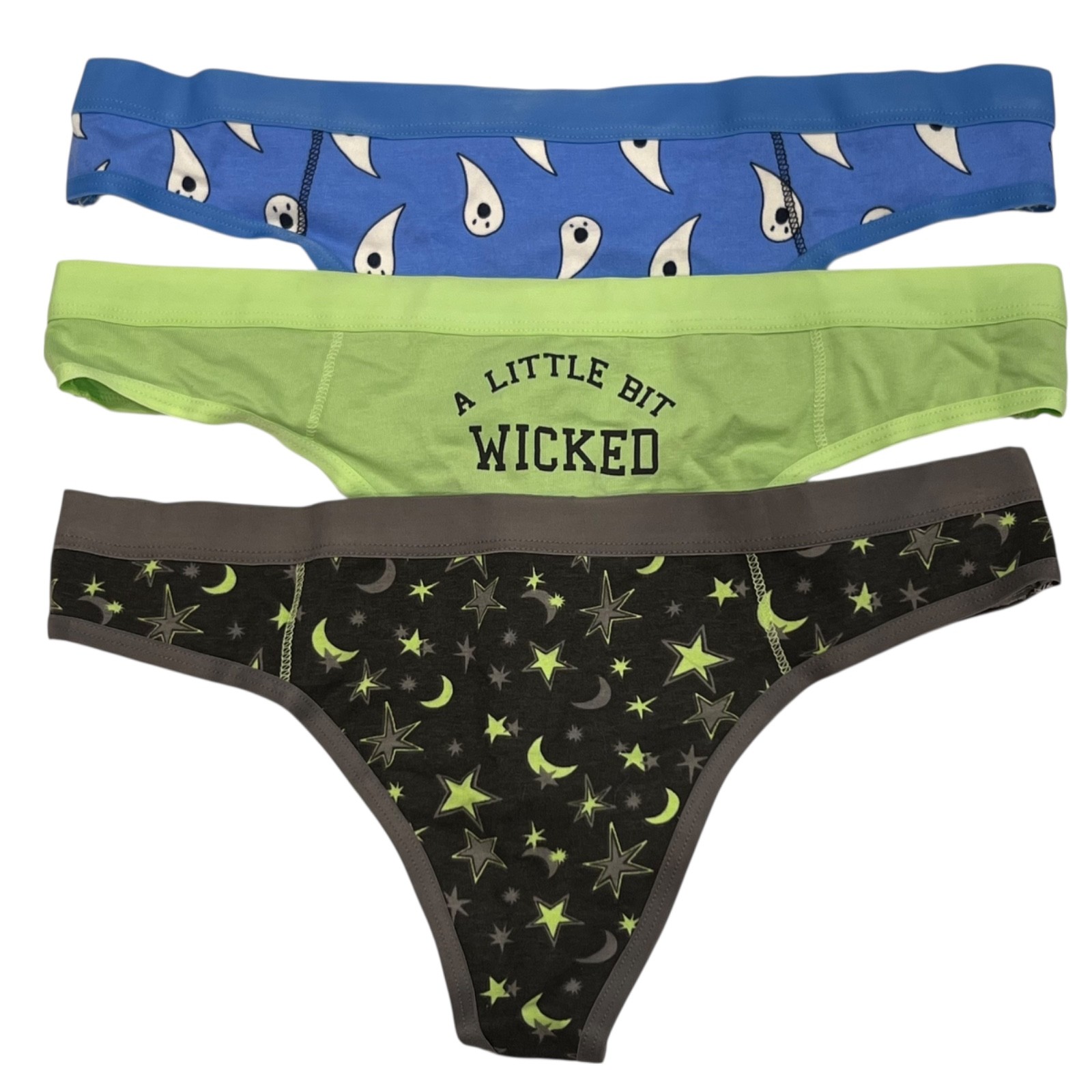 NWT AERIE 3 pack Thong Sz S-M-L-XL Blue Green Black Ghosts Stars Moons Jersey