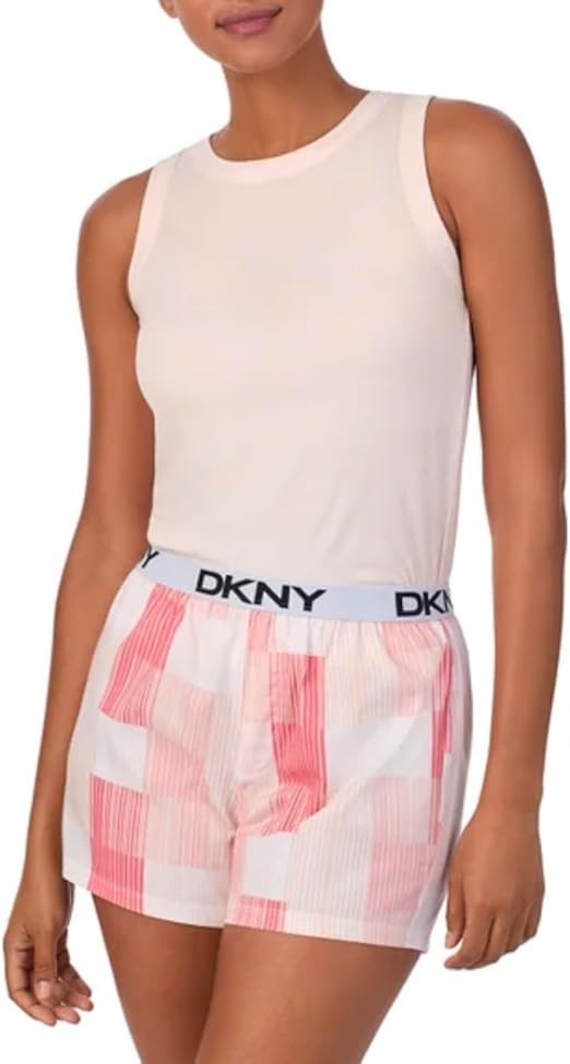 DKNY Women’s 2 Piece Outfit Clothing Set Tank Top & Short, Cream Pink Plaid,