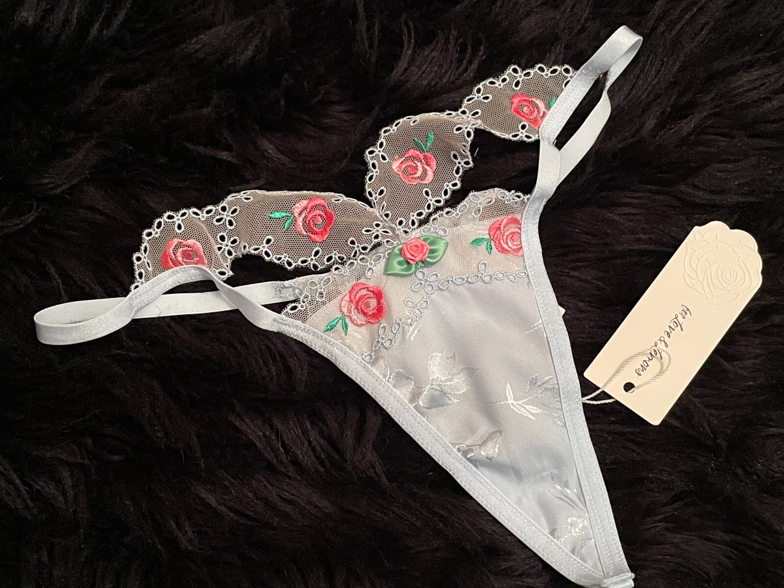 For Love & Lemons Vintage Rose THONG Panty Floral Blue Pink VICTORIA’S SECRET M