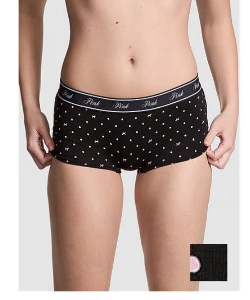 Victoria’s Secret Pink Logo Boyshort Panty Black Dot Dog Medium NEW