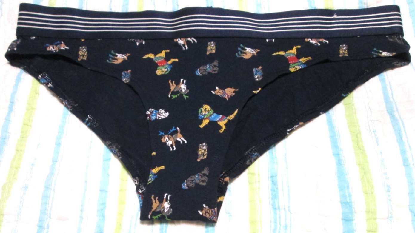 Flirtitude ladies’ cheeky Bikini PANTY-navy w/holiday dogs -SZ L-NWOT