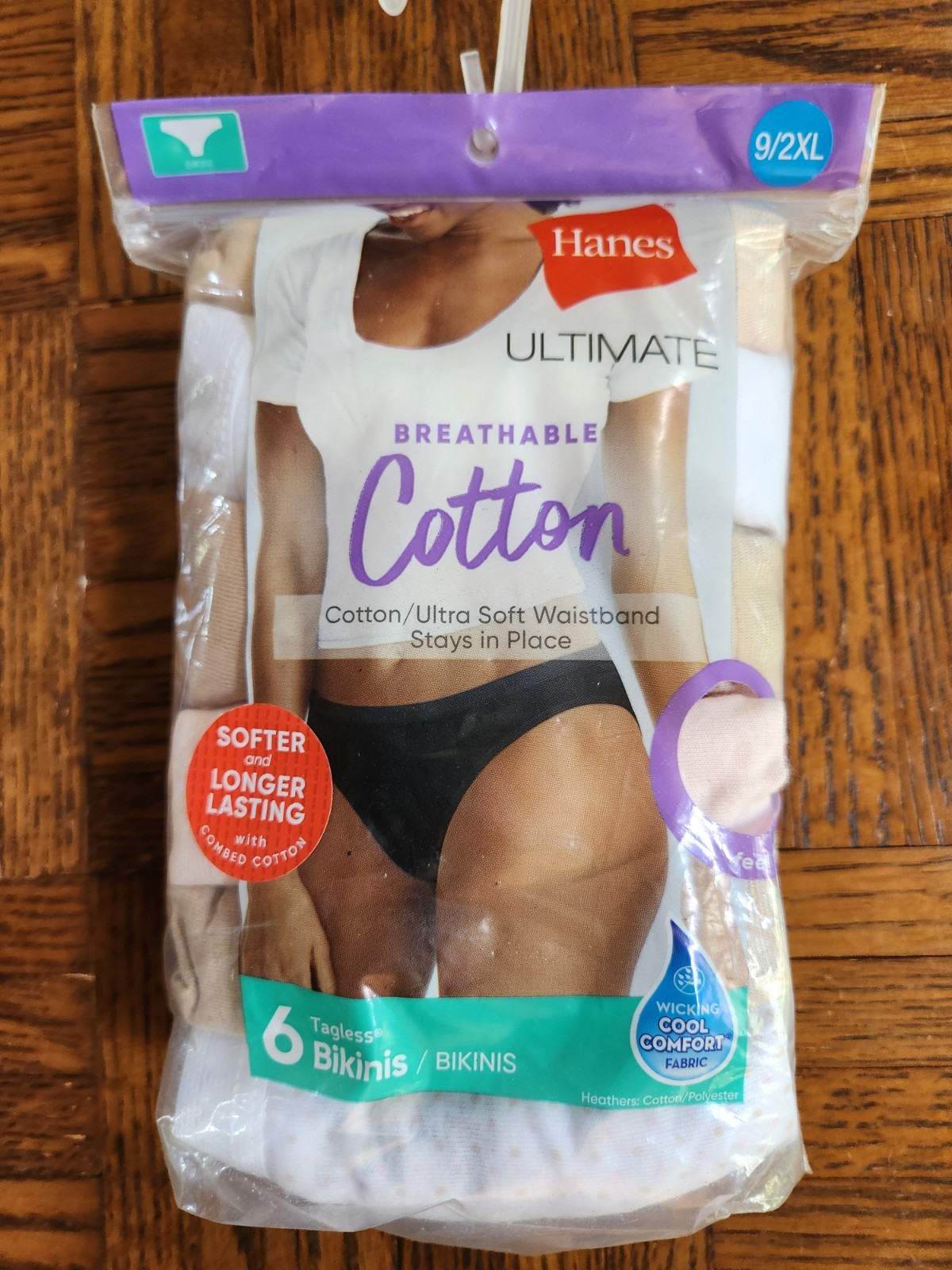 HANES Tagless BIKINIS, 6 Pair, Cotton Wicking Cool Comfort, Women’s 9/2XL