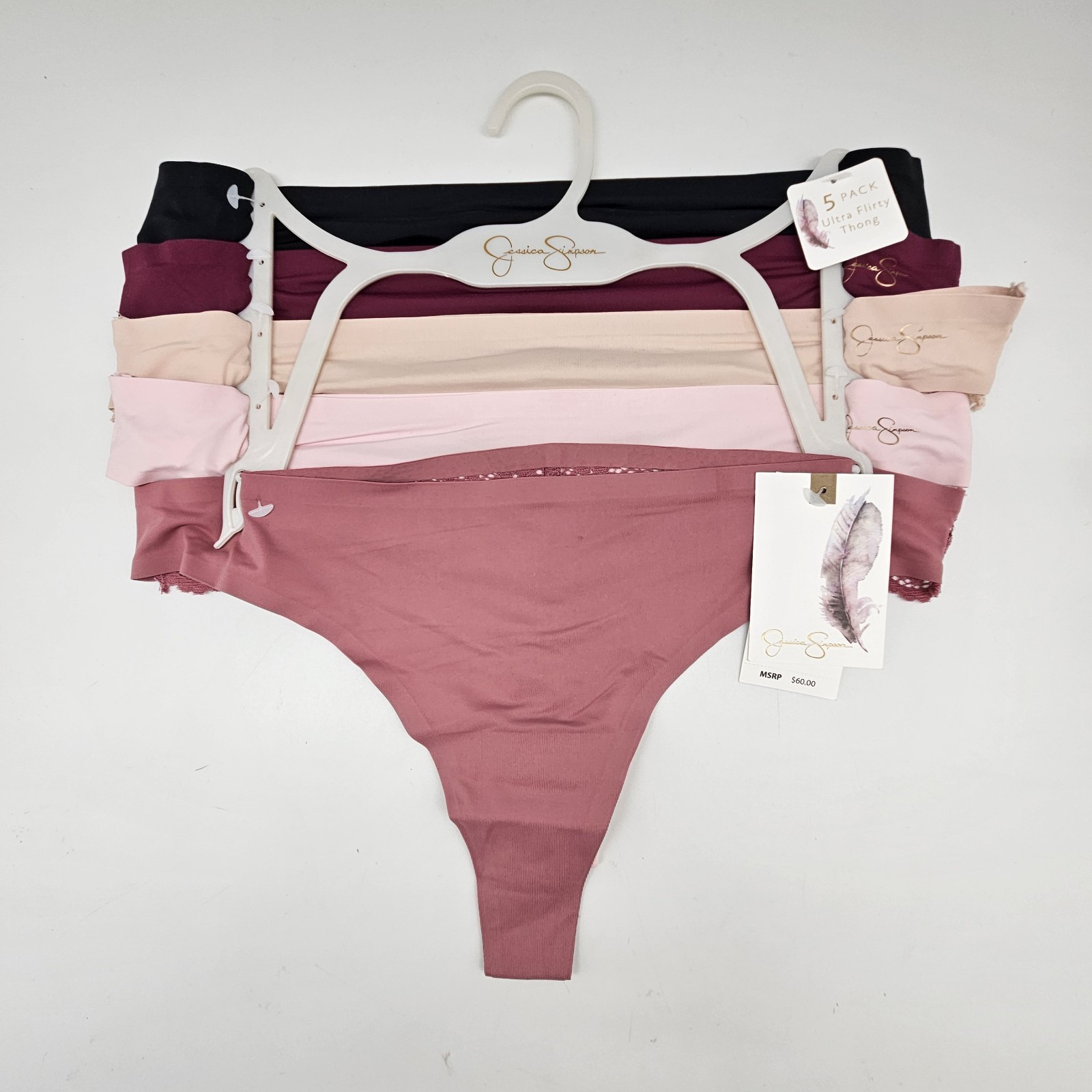 5 Pack JESSICA SIMPSON Women’s S L Micro Thong Panties Black Wine Beige Pink