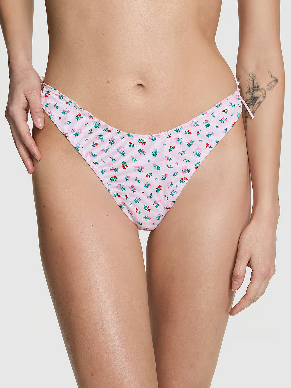 PINK Victoria’s Secret Cotton Side-Tie Thong Panty L Pink Tulip Floral Print NWT