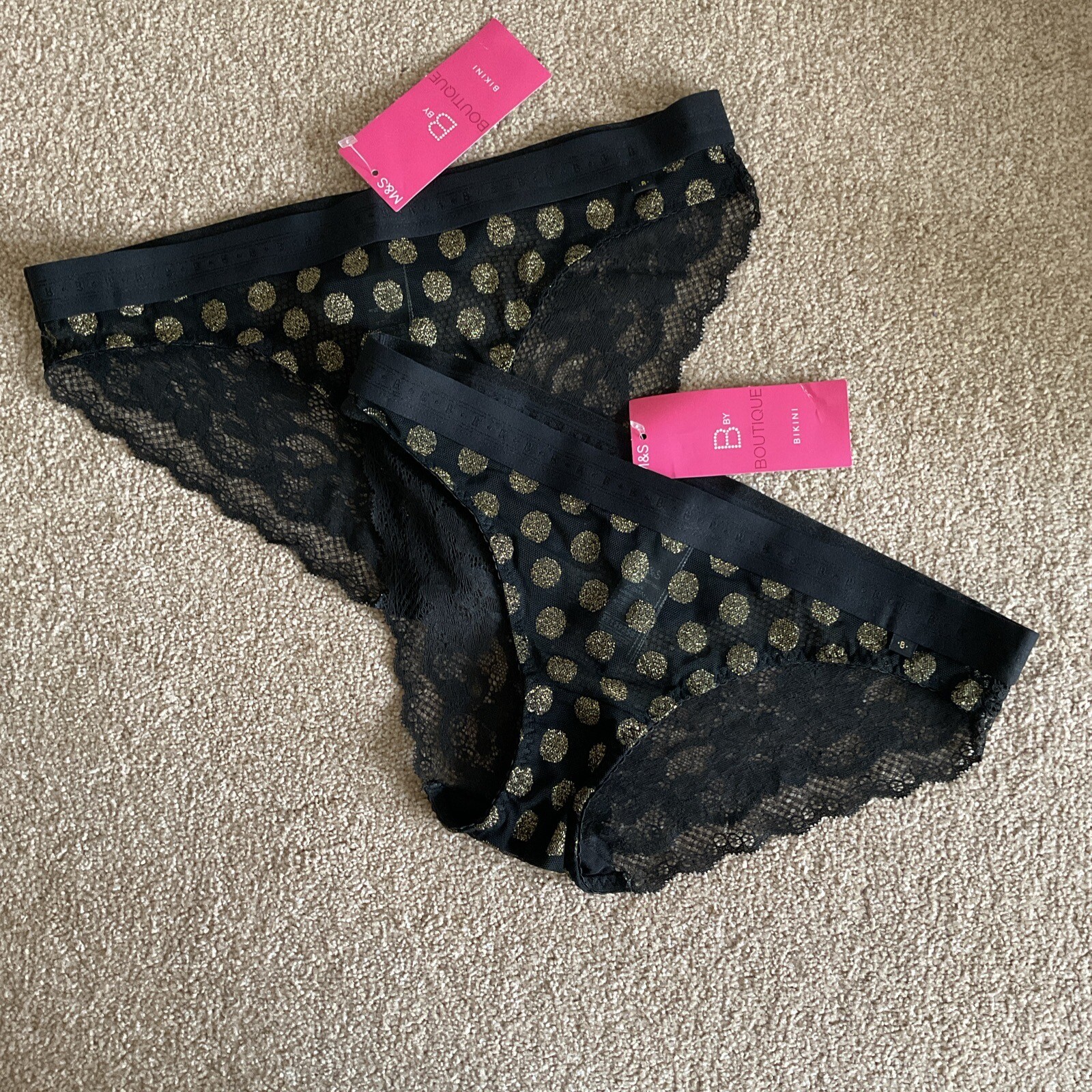 2 x M&S Size 4-6 Extra Small Boutique Pretty Bikini Knickers Black Gold Mesh XS
