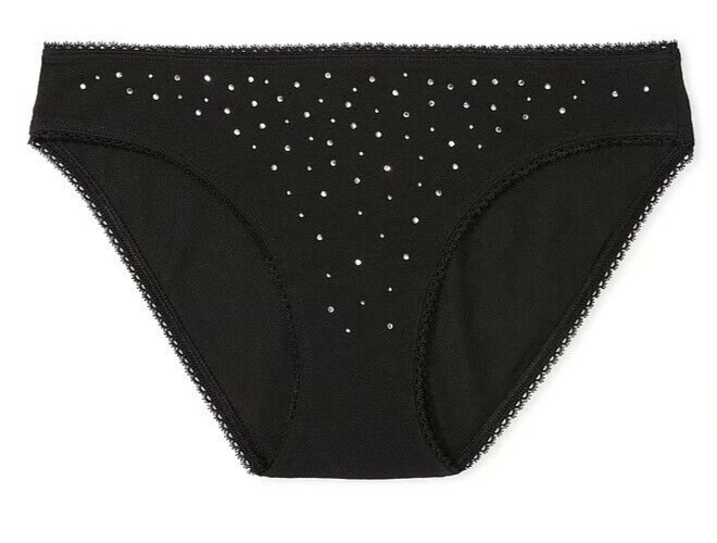 S NOIR BLACK Scatter Rhinestone Stretch Cotton Victoria’s Secret BIKINI Panty