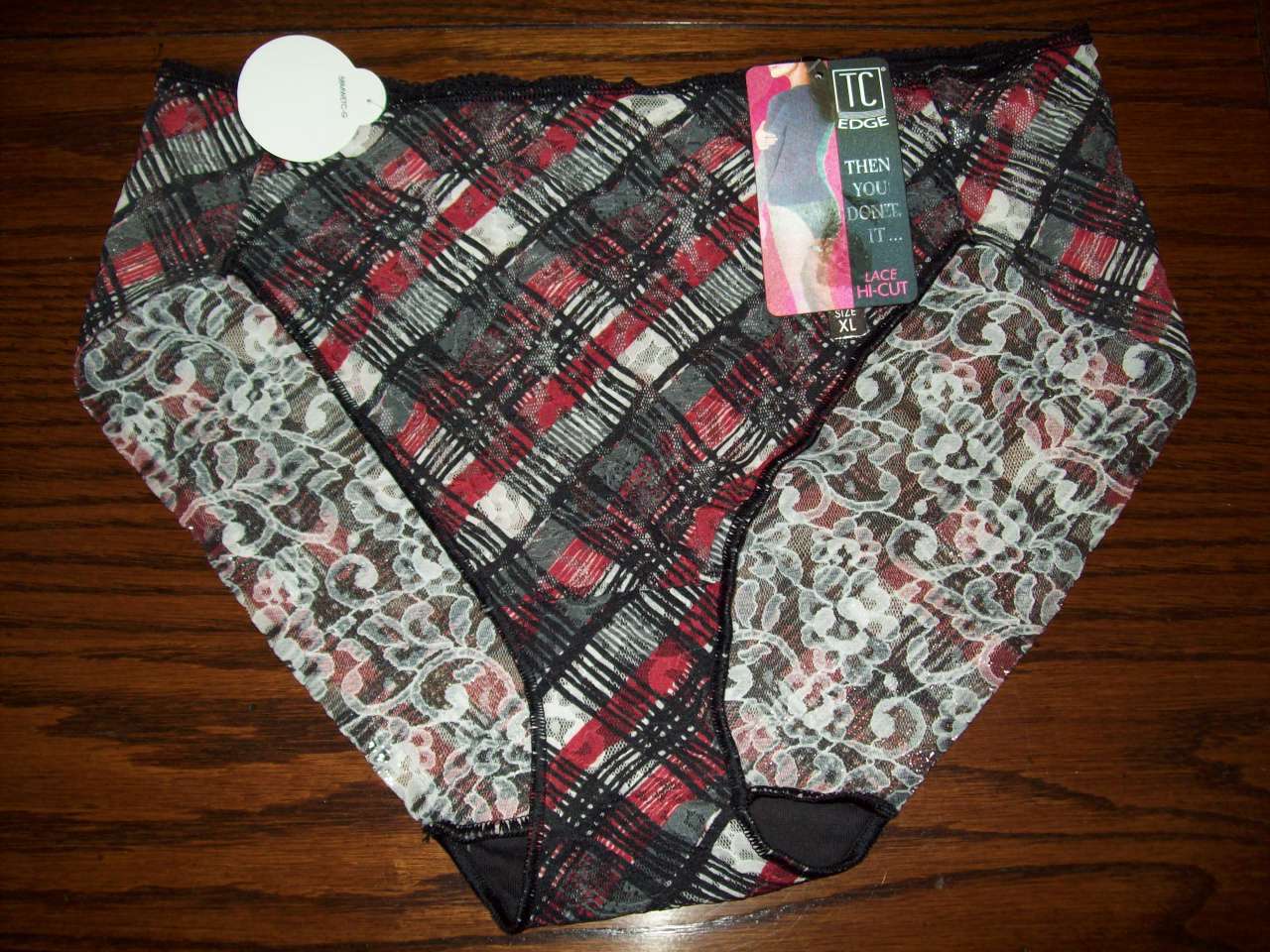 NWT TC EDGE NO LINES NO RIDE LACE HI-CUT PANTIES RED/BLK CP PLAID A4-044 M XL