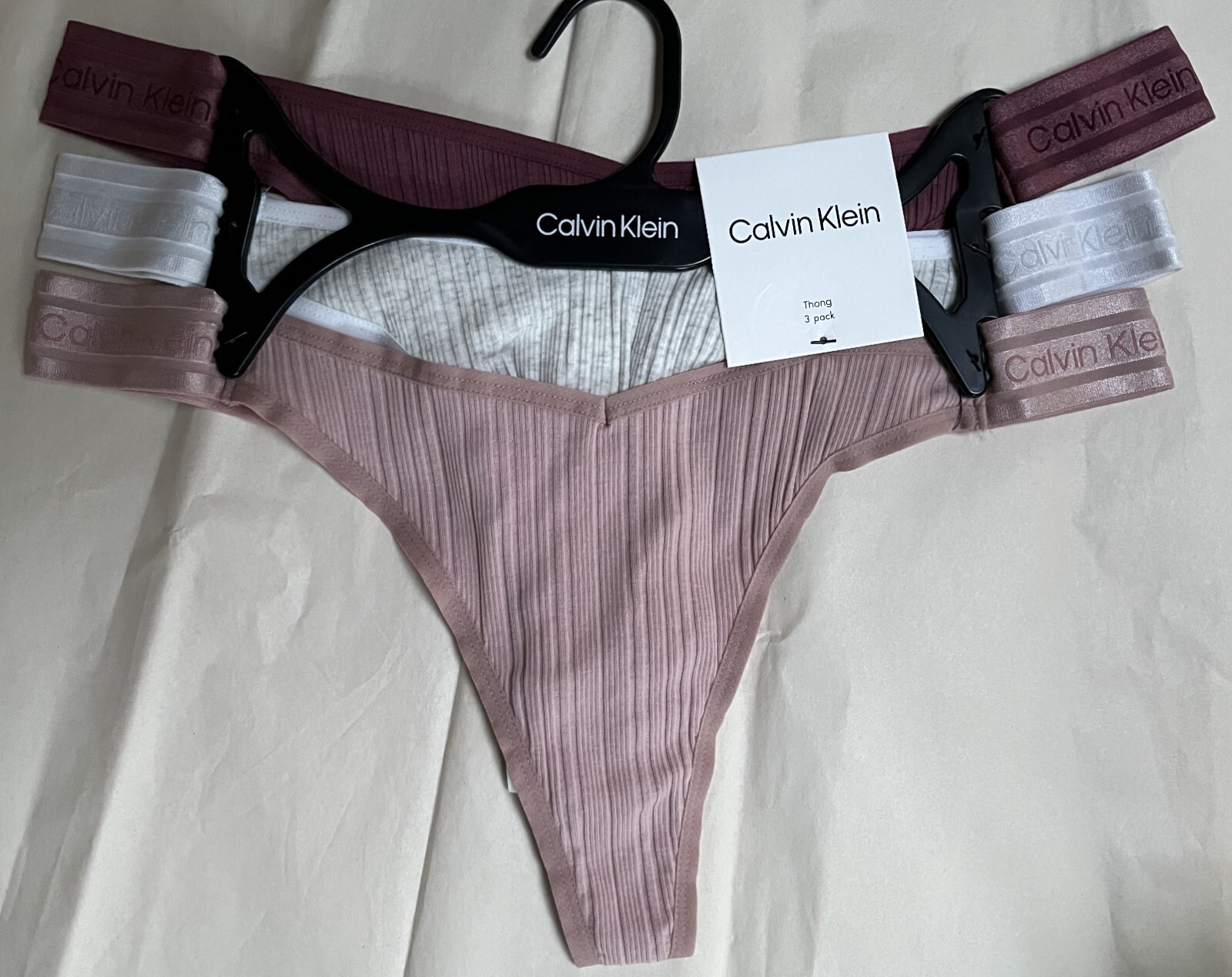 NWT CALVIN KLEIN 1 TAN 1 LIGHT GRAY 1 PLUM THONG PANTY QP2943X MEDIUM $35