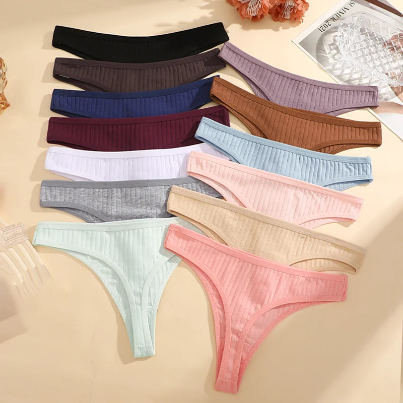 Low Rise Cotton Thong Panties Ribbed Stretch Breathable Soft Comfortable 6PCS
