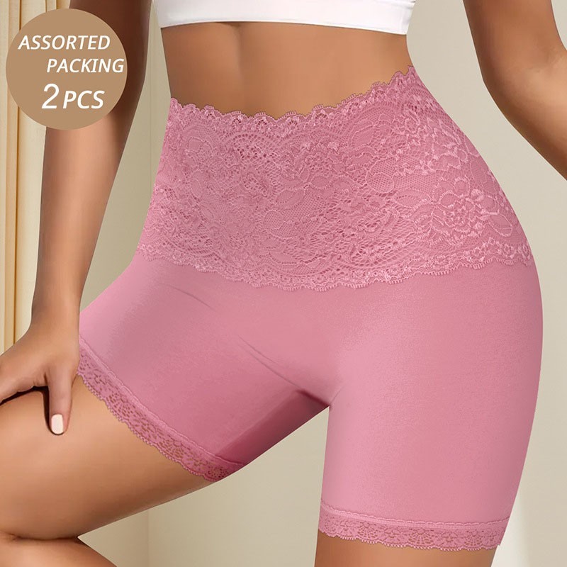 2 Pack High Waist Lace Cotton Boyshorts Anti Exposure Safety Underwear for Women