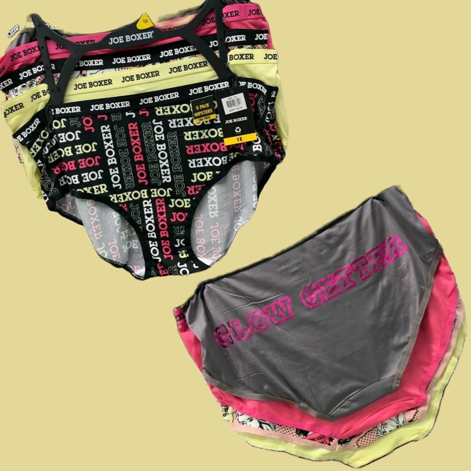 Joe Boxer Plus 1X Assorted Logo Elastic Waistband Tag Free Hipster Panties-5Pk